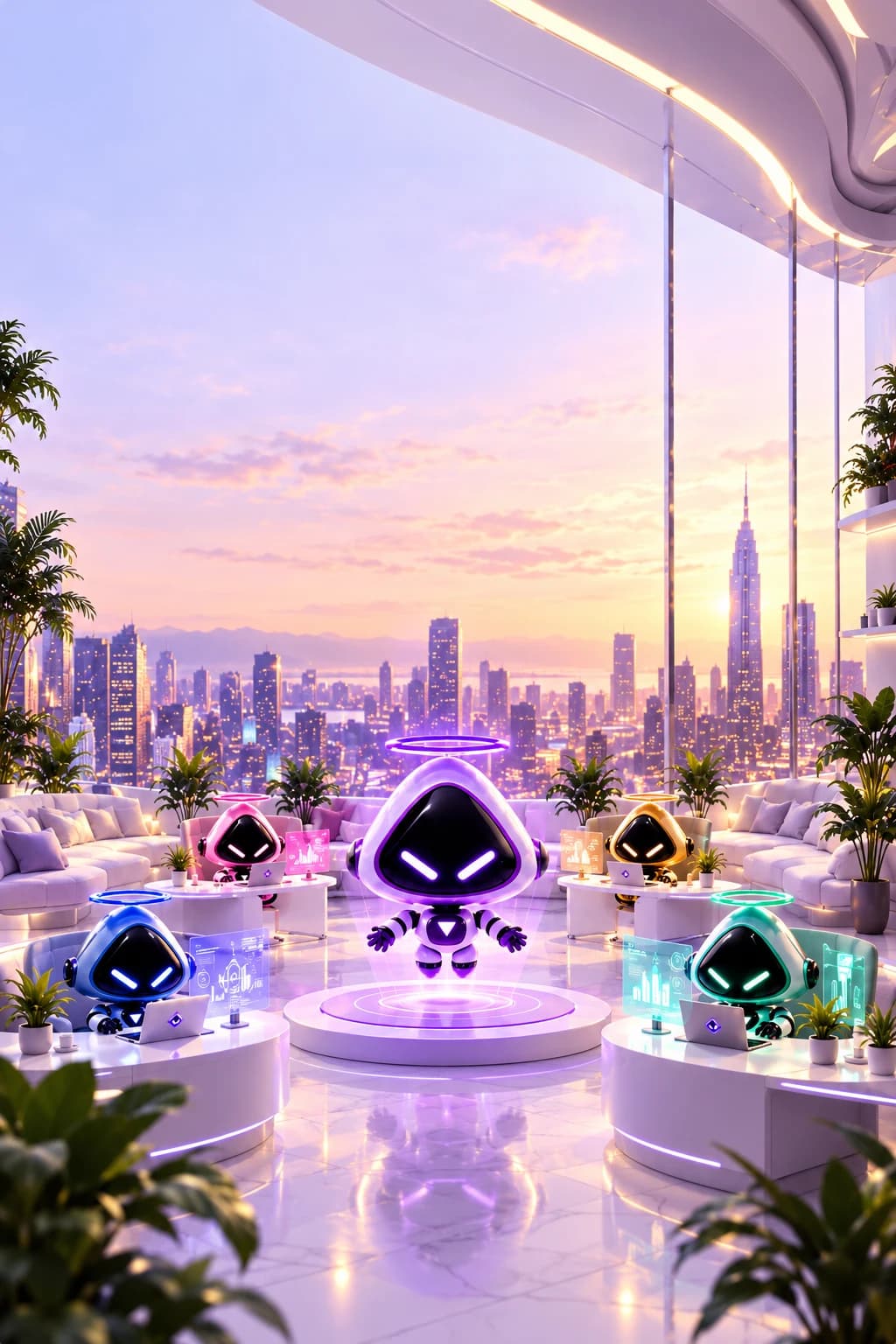 Vyn and four AI teammates in a sunlit lavender office overlooking the city